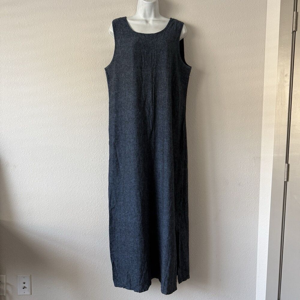 VTG Country Wear Casuals Linen Blend Dress Size L Chambray Sleeveless Coastal